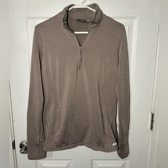 Eddie Bauer Tops - Eddie Bauer Women’s Large Quest Flex 1/4-zip Pullover Taupe Thumbholes Cozy